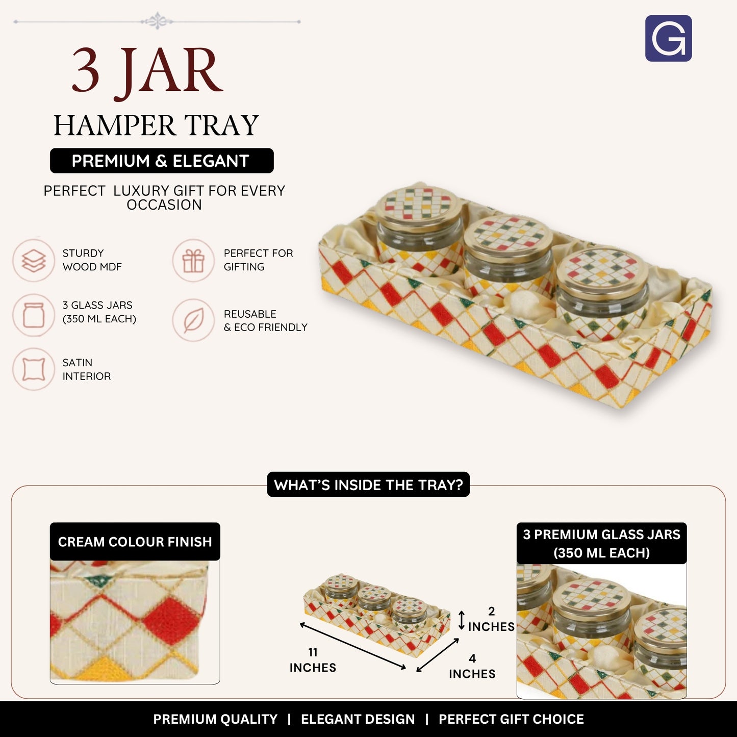 Cream 3 Jar Open Hamper Tray ( 11x4x2 inches)