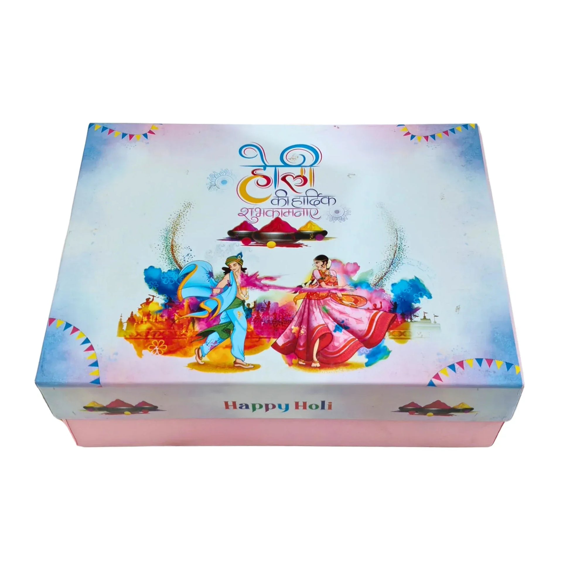 Holi Print Hamper Box 24x18x8 cm – Pink Kappa Board Food Safe Gift Box | Grownex Packaging | Hamper Box