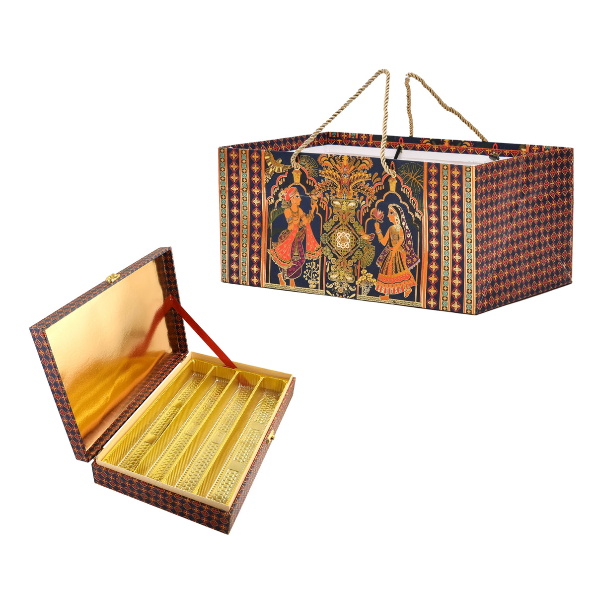 Radha Krishna Rajwadi Print Paper Bag with Matching Wooden Box Combo – Festive Gift Packaging Set