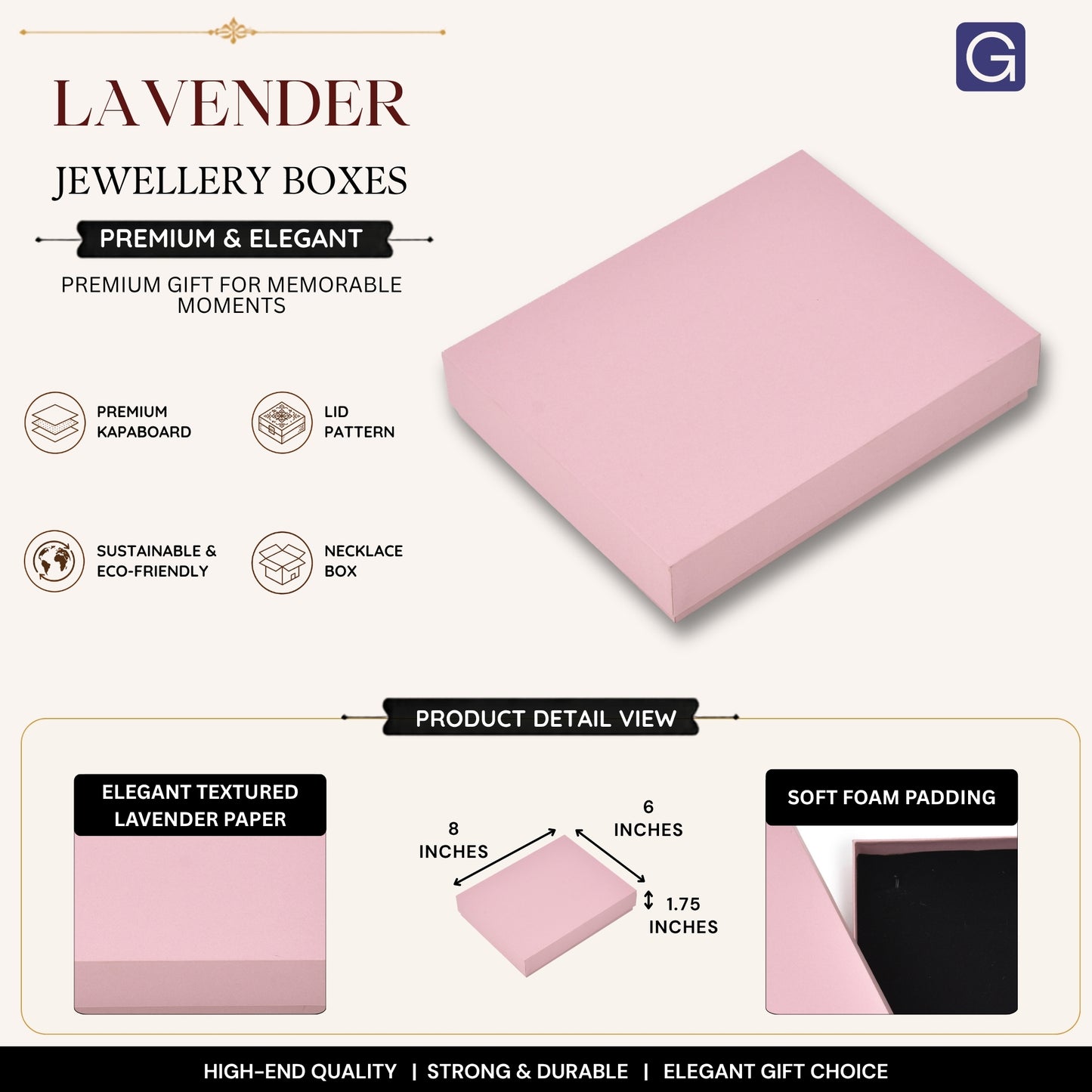 Lavender Jewellery Gift Box for Necklaces | 20.32 × 15.24 × 4.45 cm