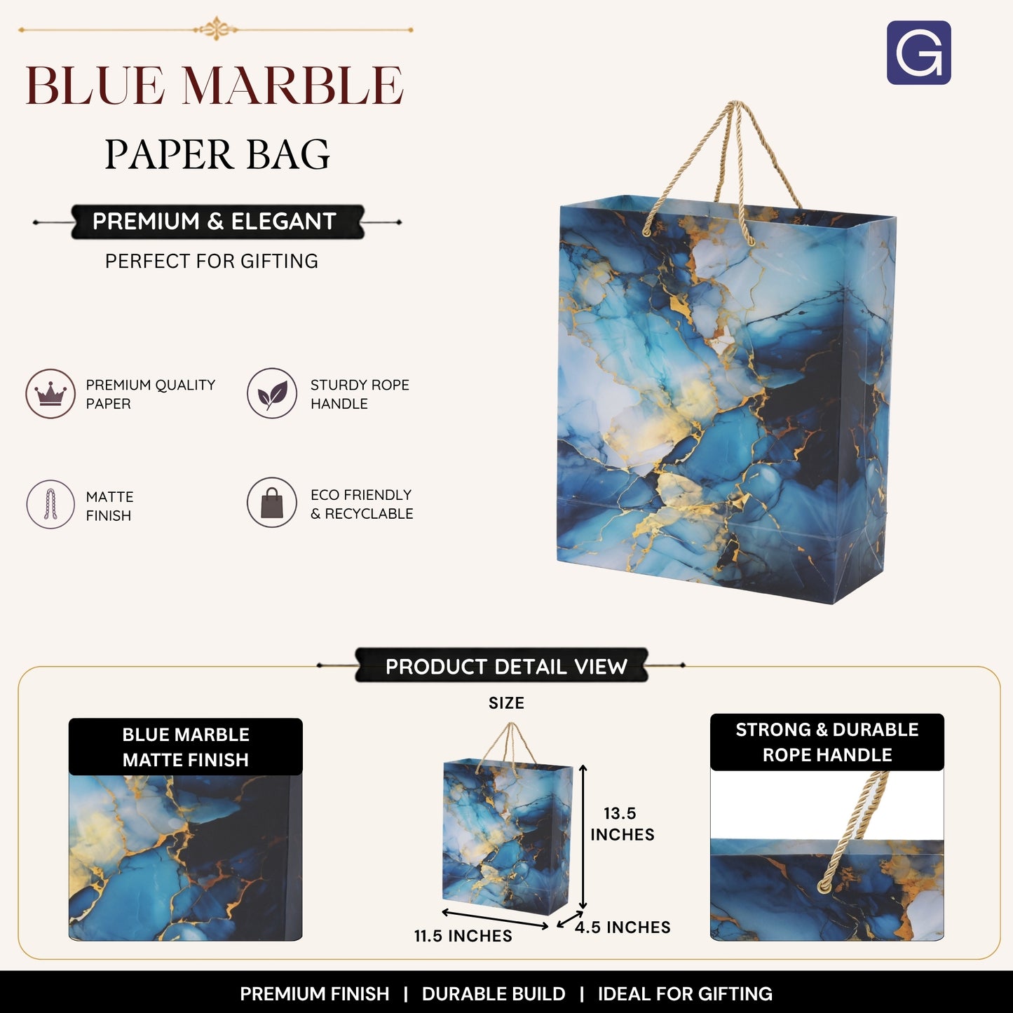 Blue Marble Print Paper Gift Bag with Handle 11.5 x 4.5 x 13.5 Inch for Hampers & Gifting