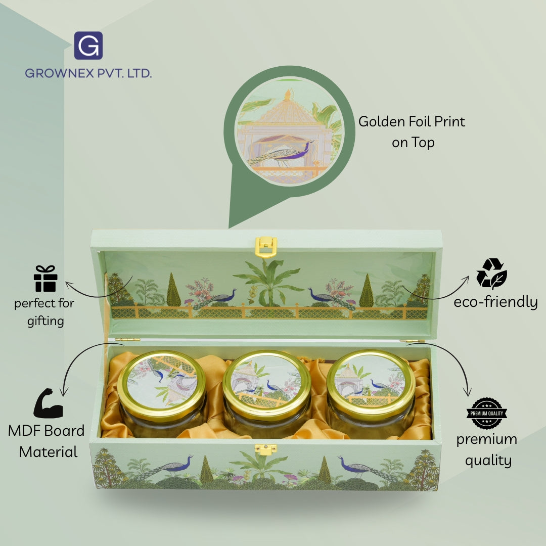 Luxury Peacock Green Garden Wooden Gift Box – 3 Jar Dry Fruit & Sweet Hamper | Diwali & Wedding Gifting | Grownex Packaging | wooden box