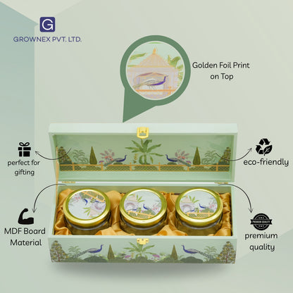 Luxury Peacock Green Garden Wooden Gift Box – 3 Jar Dry Fruit & Sweet Hamper | Diwali & Wedding Gifting | Grownex Packaging | wooden box