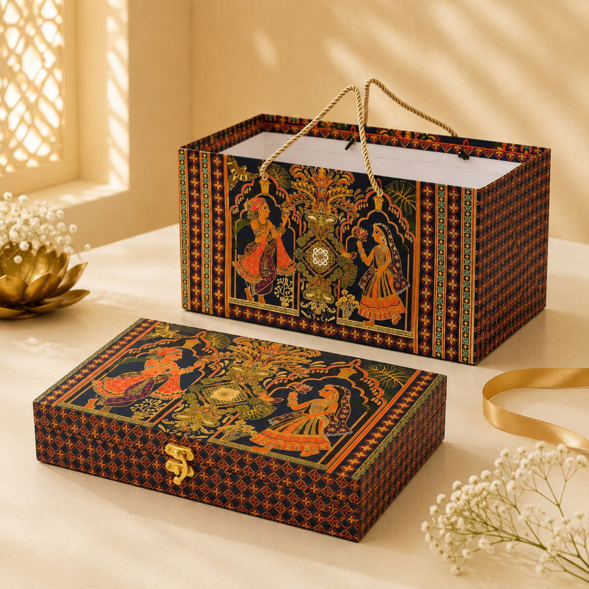 Radha Krishna Rajwadi Print Paper Bag with Matching Wooden Box Combo – Festive Gift Packaging Set
