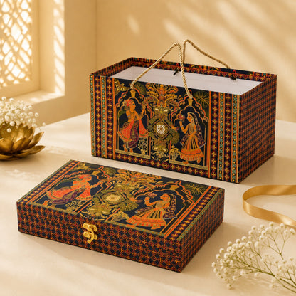 Radha Krishna Rajwadi Print Paper Bag with Matching Wooden Box Combo – Festive Gift Packaging Set