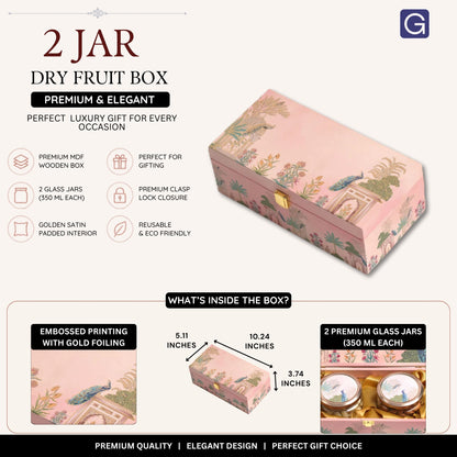 Pink Peacock Dry Fruit Gift Box | Wooden Hamper with 2 Glass Jars for Special Occasions