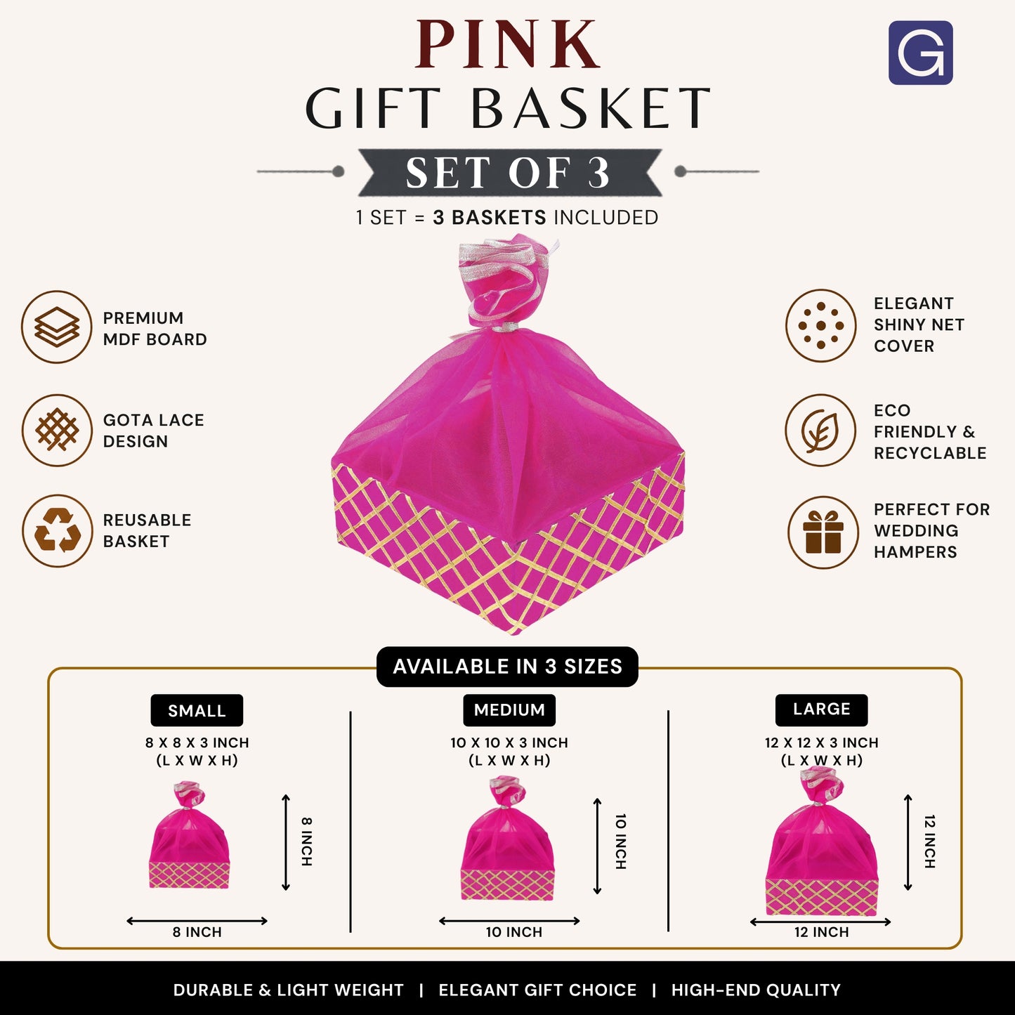 Square Lace Rani Pink Gift Basket  | Wedding & Return Gift Packaging