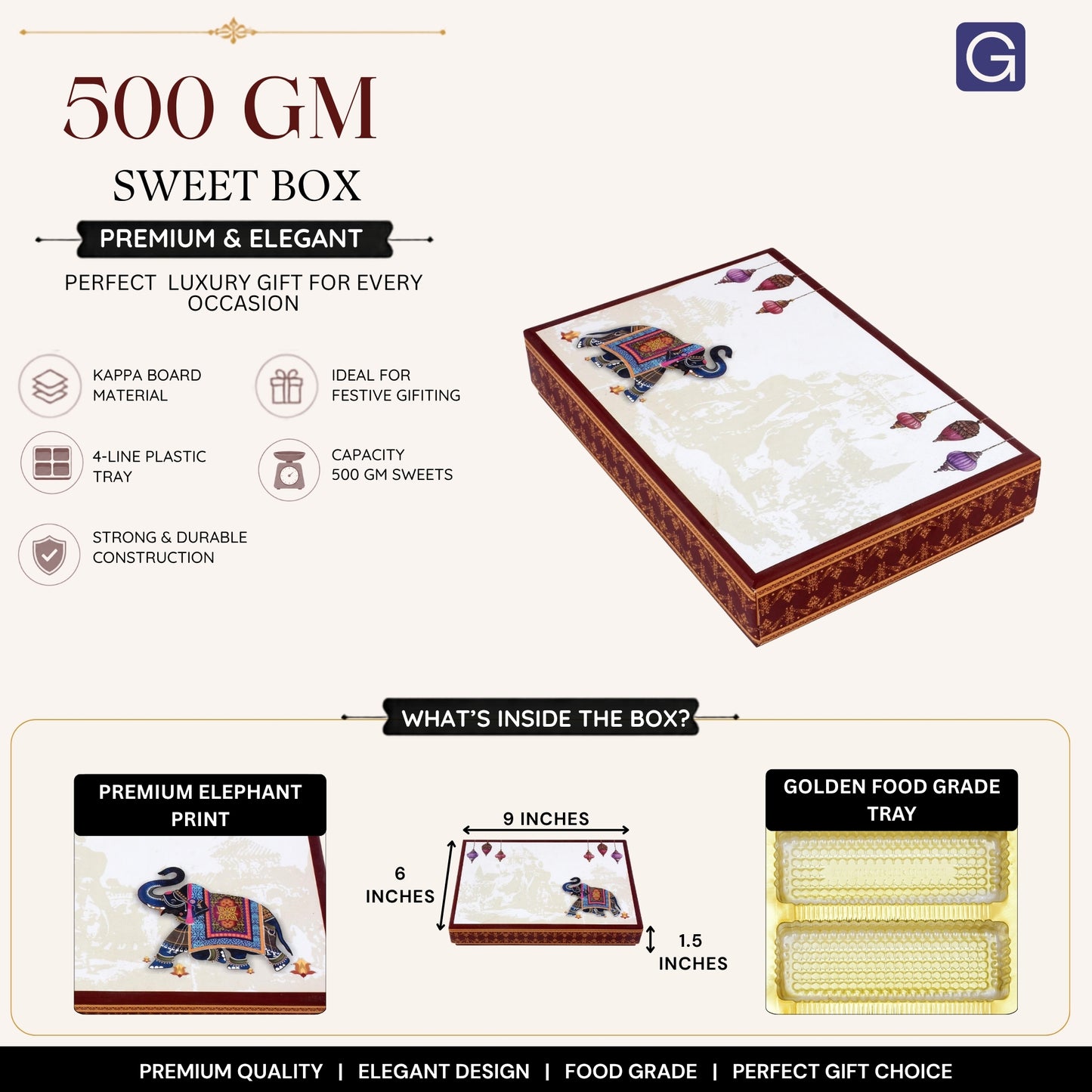 500 gm Brown Elephant 4 Line Print Premium Sweet Box
