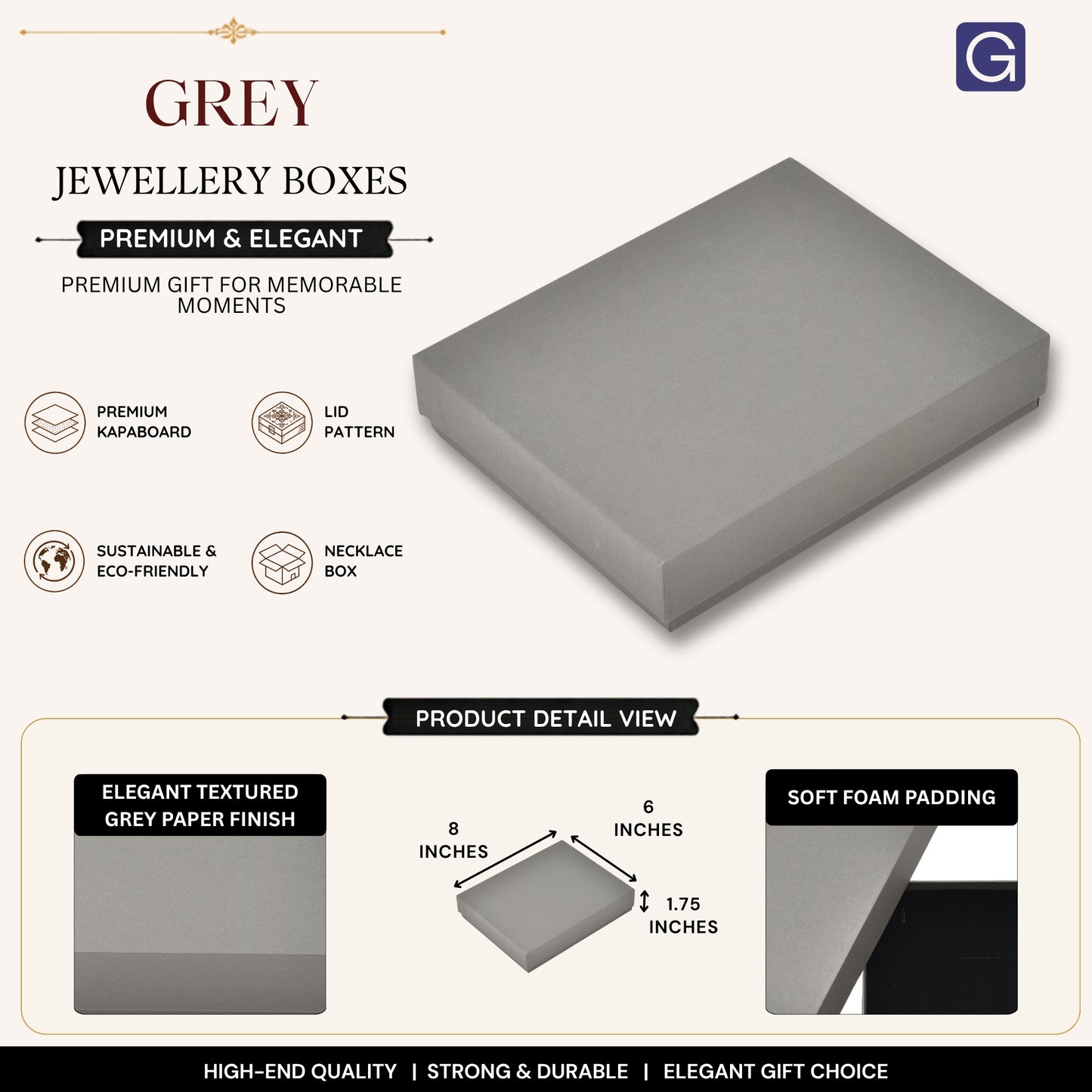 Grey Jewellery Box for Necklaces | 20.32 × 15.24 × 4.45 cm