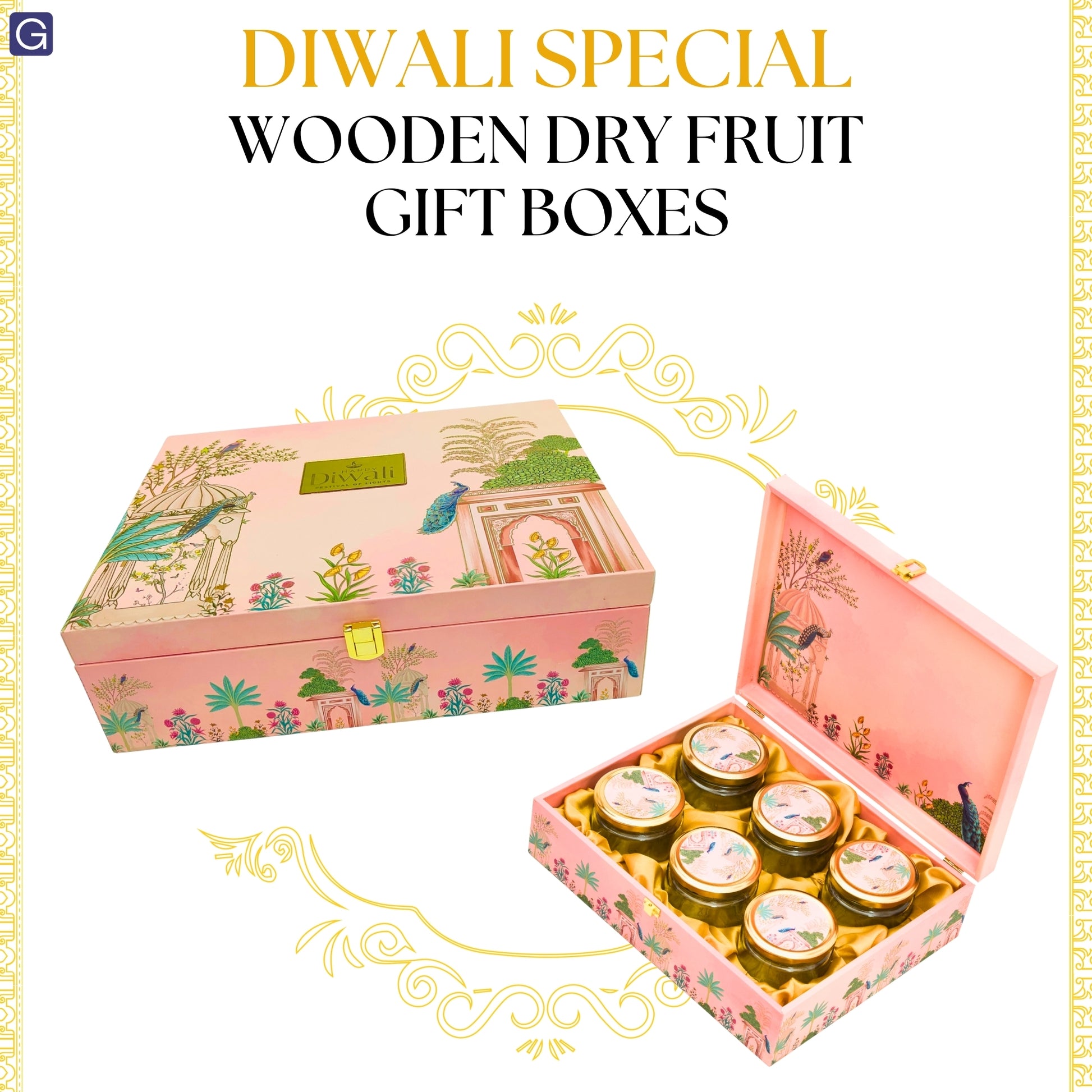 Luxury 6 Glass Jars Diwali Gift Box with Peacock Design | Premium Festive Gift Hamper | Grownex Packaging | wooden box