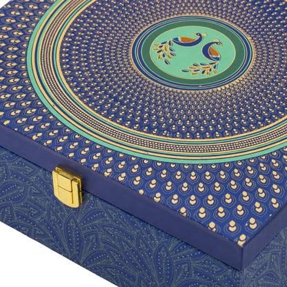 Blue Peacock Print Wooden Hamper Box with 4 Glass Jars | Premium Gift Packaging