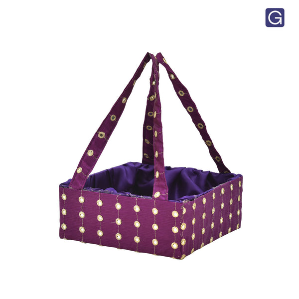 Purple  Handmade Handle Basket with Mirror Work - Front View | Grownex Packaging