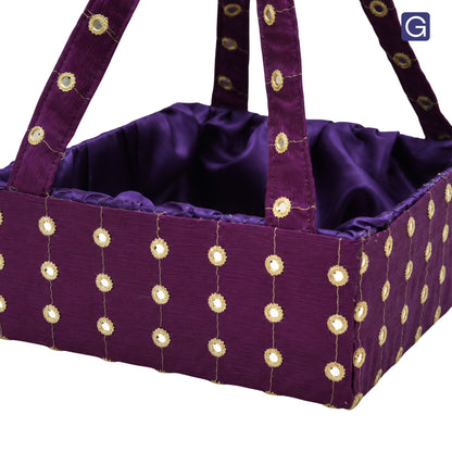 Purple  Handmade Handle Basket with Mirror Work | Festive Gift Basket