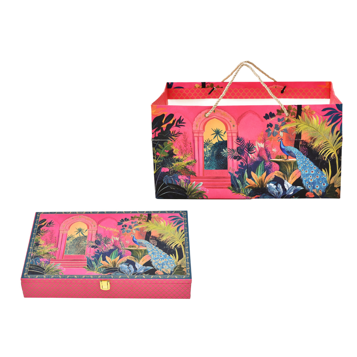 Pink Peacock Palace Print Paper Bag with Matching Wooden Box Combo – Festive Gift Packaging Set