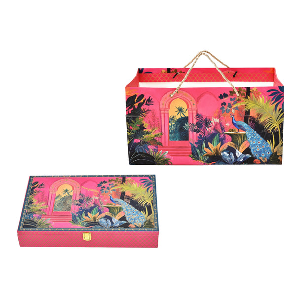 Pink Peacock Palace Print Paper Bag with Matching Wooden Box Combo – Festive Gift Packaging Set