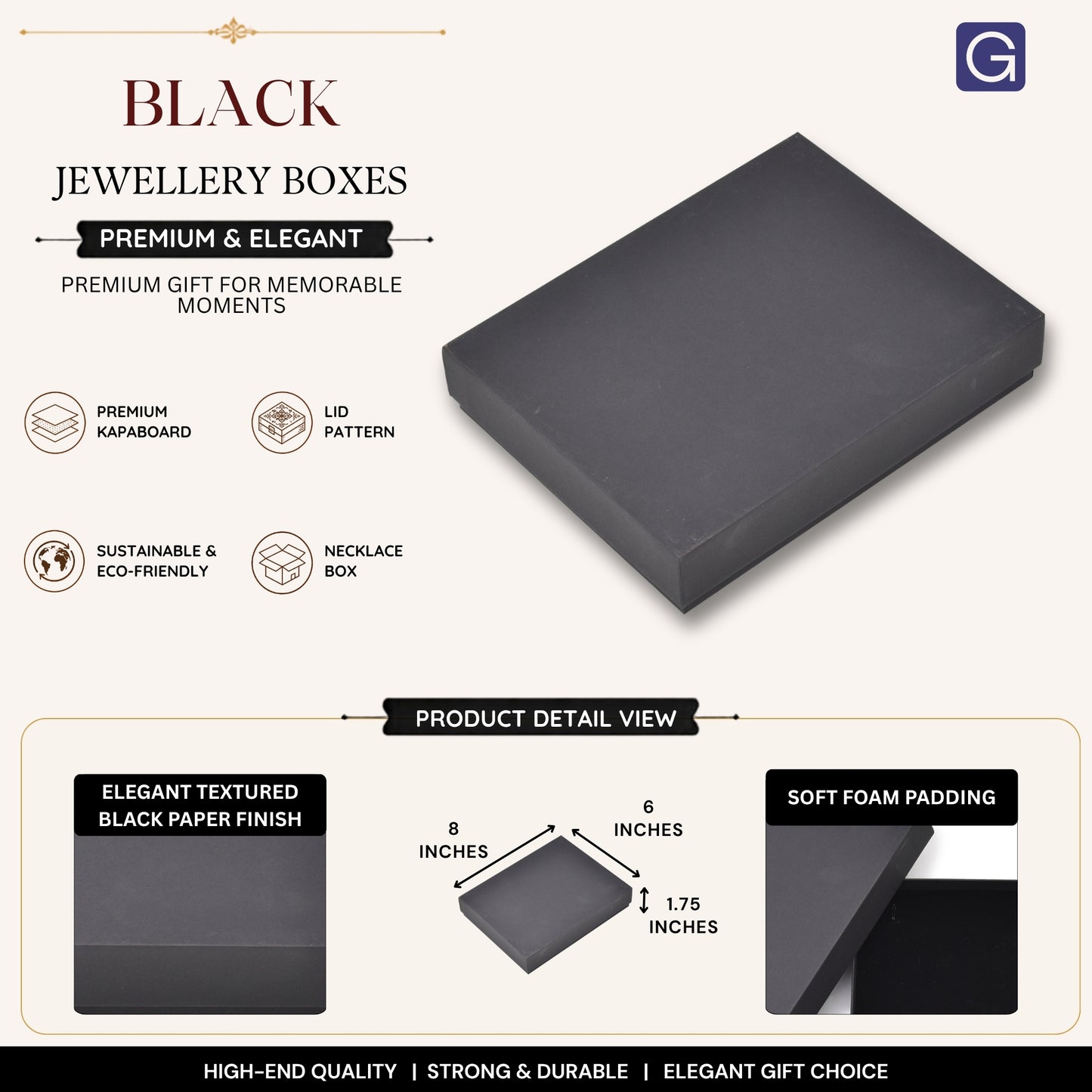 Black Jewellery Gift Box for Necklaces | 20.32 x 15.24 x 4.45 cm