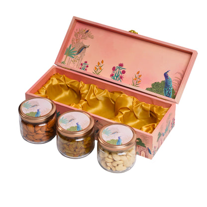 Premium Diwali Gift Box with Dry Fruits – Wooden Reusable Festive Box with 3 Jars (Shubh Diwali Edition) | Grownex Packaging | wooden box