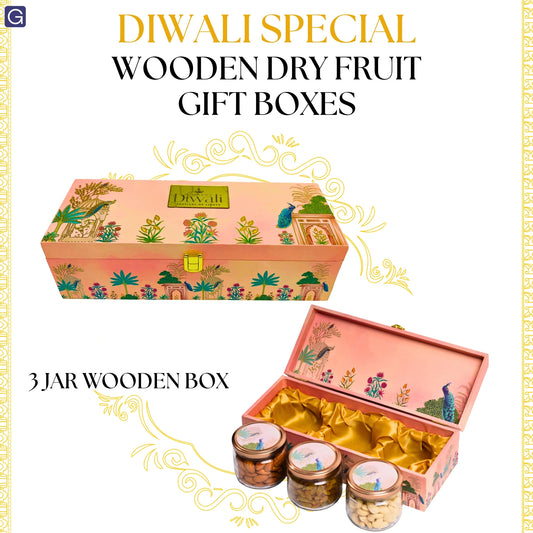 Luxury 3 Glass Jars Diwali Gift Box with Peacock Design | Premium Festive Gift Hamper | Grownex Packaging | wooden box