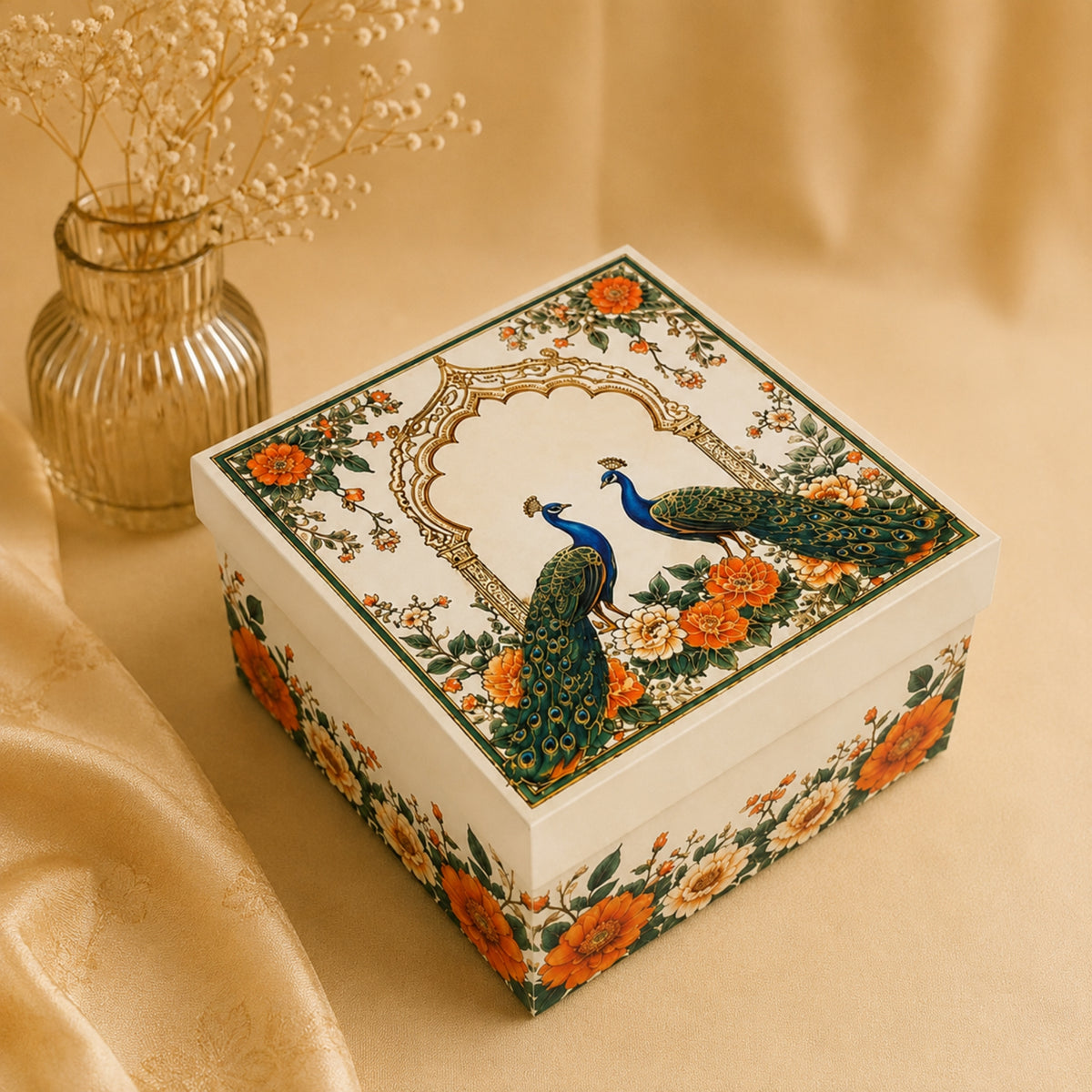 Cream Peacock Print Laddoo and Sweet Box 1 Piece