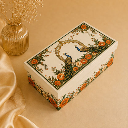 Cream Peacock Print Laddoo and Sweet Box 2 Piece