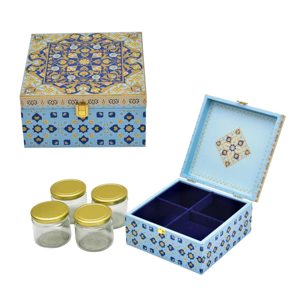 4 Jar Blue Foil Wooden Box – Premium Dry Fruit Gift Box