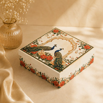 Cream Peacock Print Laddoo Box 4 Piece