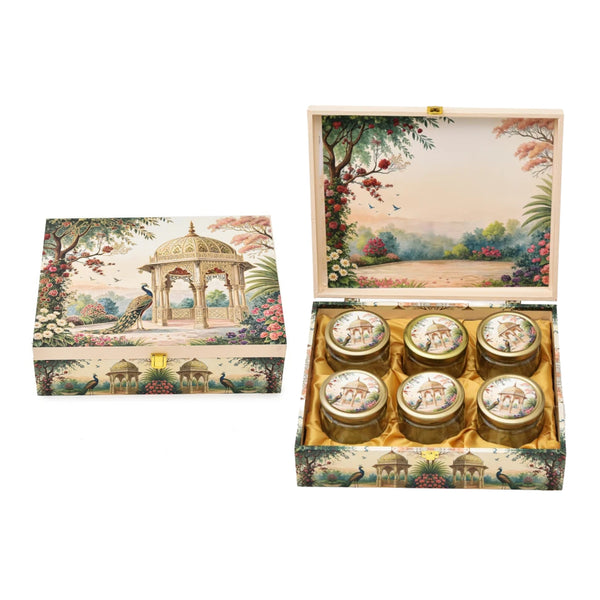 Royal Garden Print Wooden Dry Fruit Gift Box with 6 Glass Jars – Festive Hamper
