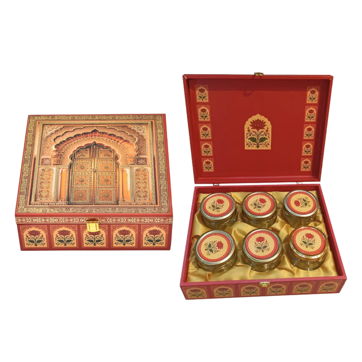 Royal Door Print Wooden Gift Hamper Box with 6 Glass Jars – Dry Fruit Packaging