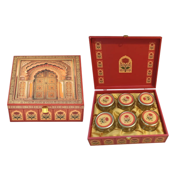 Royal Door Print Wooden Gift Hamper Box with 6 Glass Jars – Dry Fruit Packaging