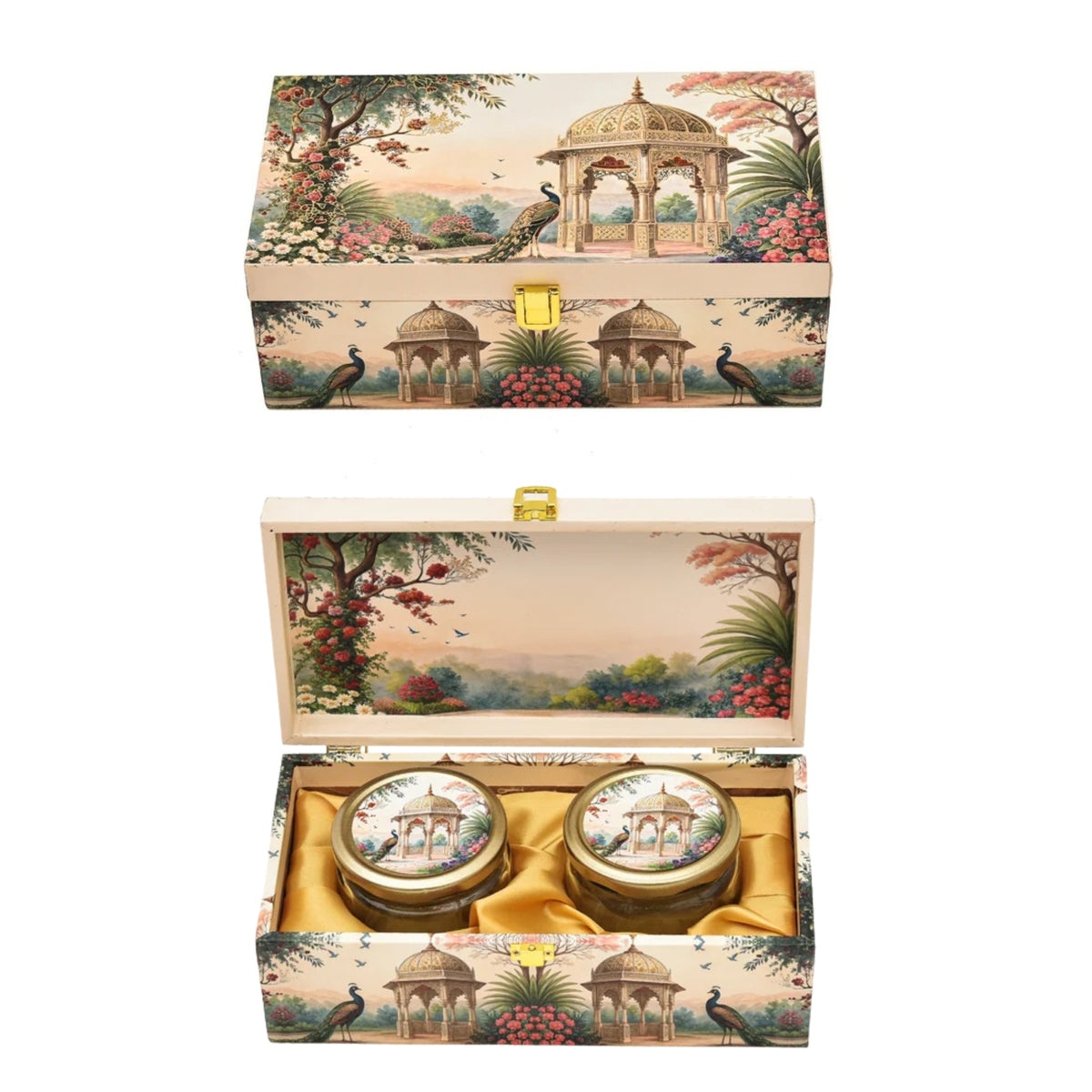 Royal Garden Print Wooden Box with 2 Glass Jars – Diwali & Wedding Hamper