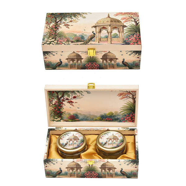Royal Garden Print Wooden Box with 2 Glass Jars – Diwali & Wedding Hamper