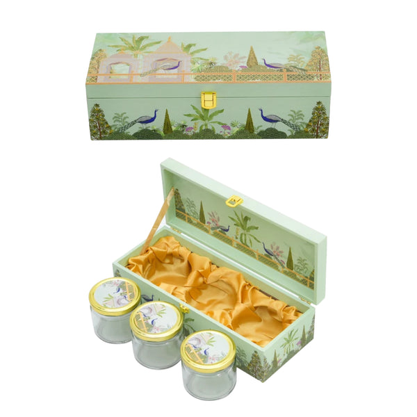 Green Garden Print Wooden Hamper Box with 3 Glass Jars – Festive Gift Box
