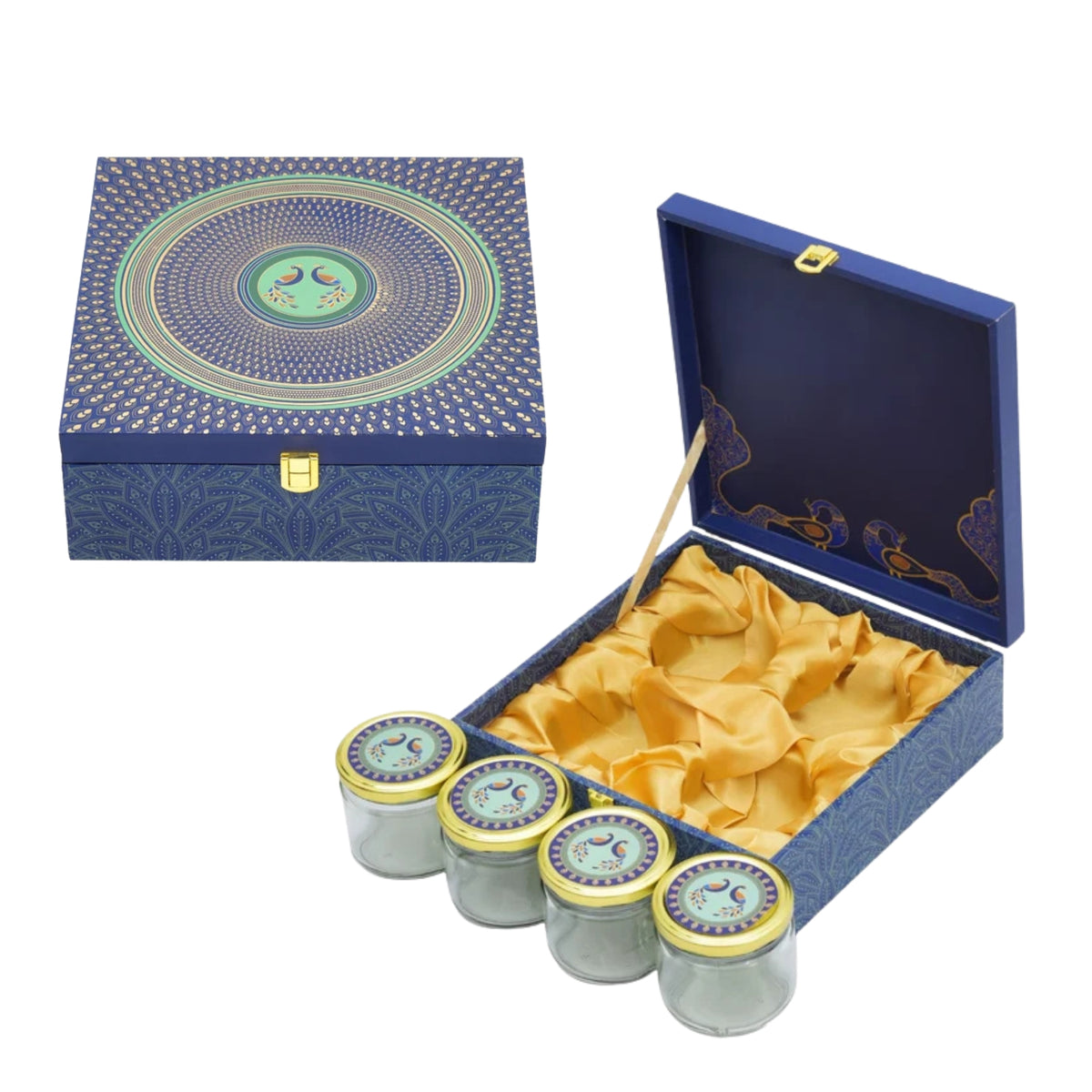 Blue Peacock Print Wooden Hamper Box with 4 Glass Jars – Premium Gift Box