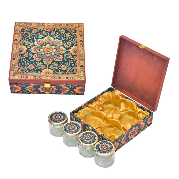 Red Floral Foil Wooden Hamper Box with 4 Glass Jars – Festive Gift Box