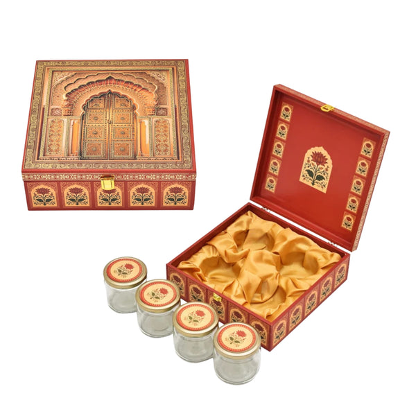 Royal Door Print Wooden Gift Box with 4 Glass Jars – Premium Gift Packaging