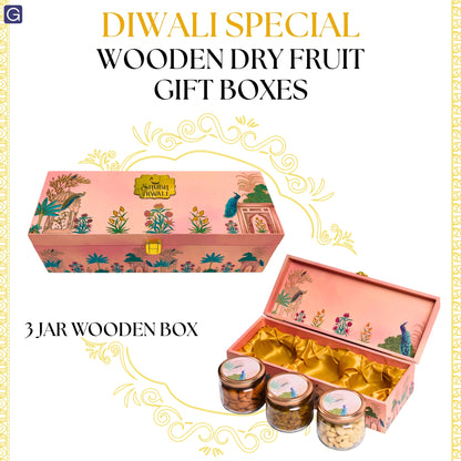 Luxury Shubh Diwali Pink Peacock Wooden Gift Box – 3 Jar Dry Fruit & Sweet Hamper | Grownex Packaging | wooden box
