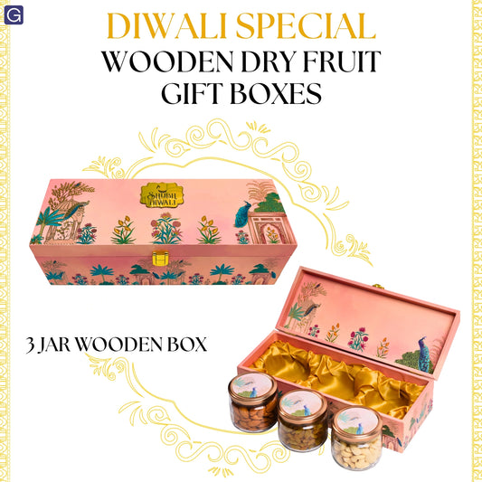 Luxury Shubh Diwali Pink Peacock Wooden Gift Box – 3 Jar Dry Fruit & Sweet Hamper | Grownex Packaging | wooden box
