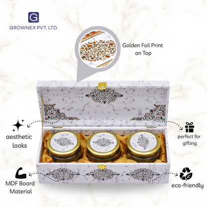 3 Jar White Marble Wooden Box for Dry Fruit and Sweets Packaging | Grownex Packaging | wooden box