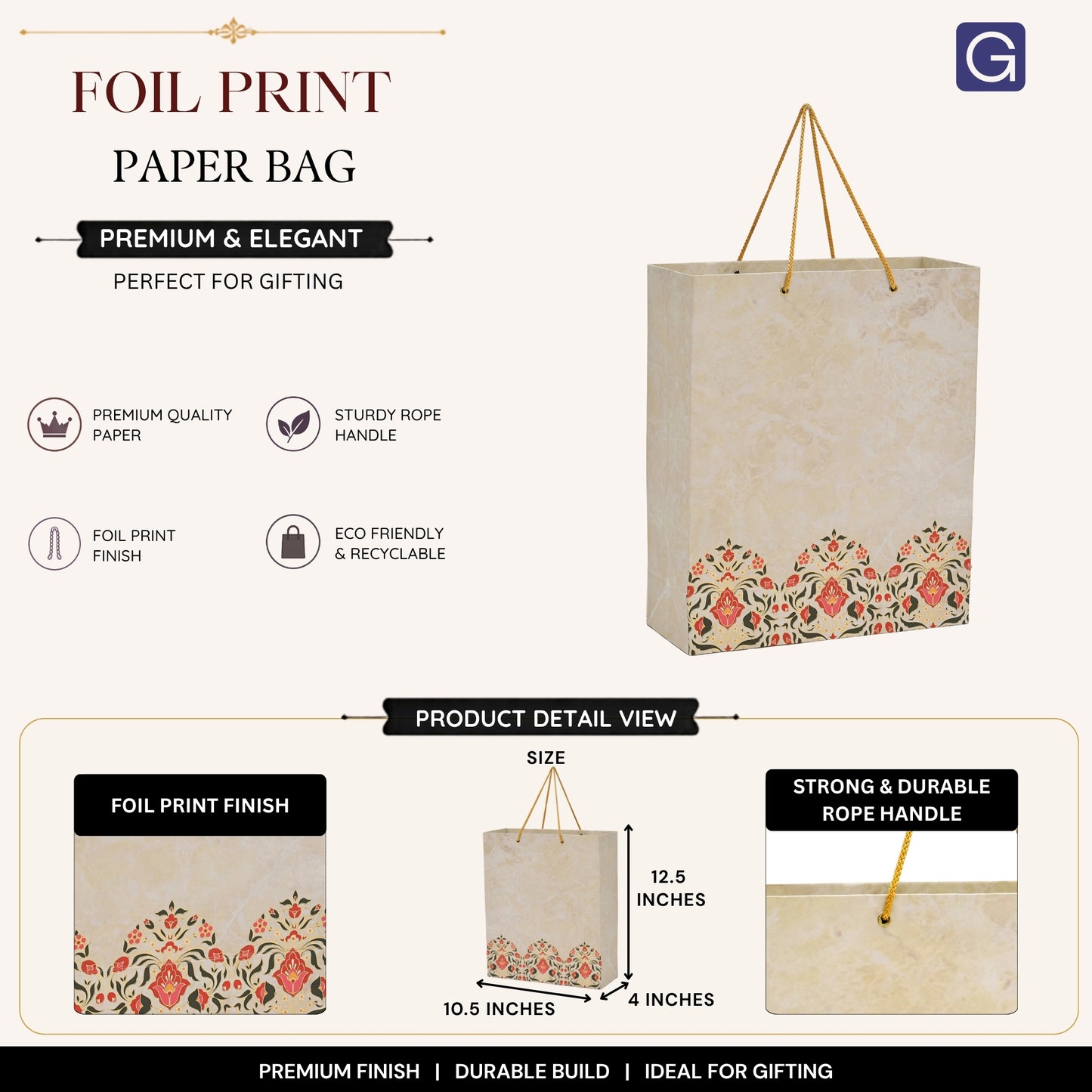 Foil Print Garment Paper Bag 10.5x4x12.5 Inch | Premium Fashion Boutique & Clothing Store Packaging