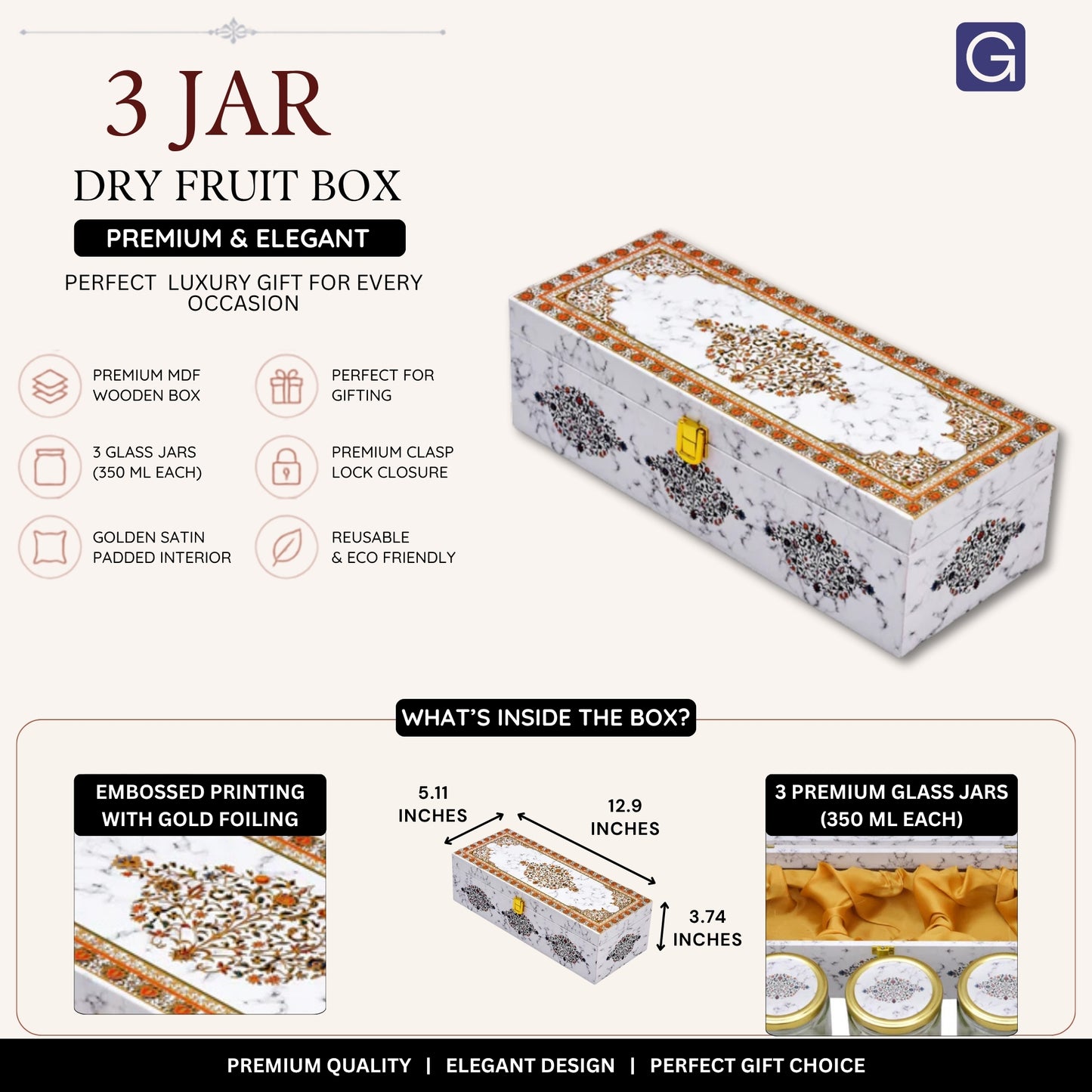White Marble Wooden Hamper Box with 3 Jars | Corporate & Festive Gifting