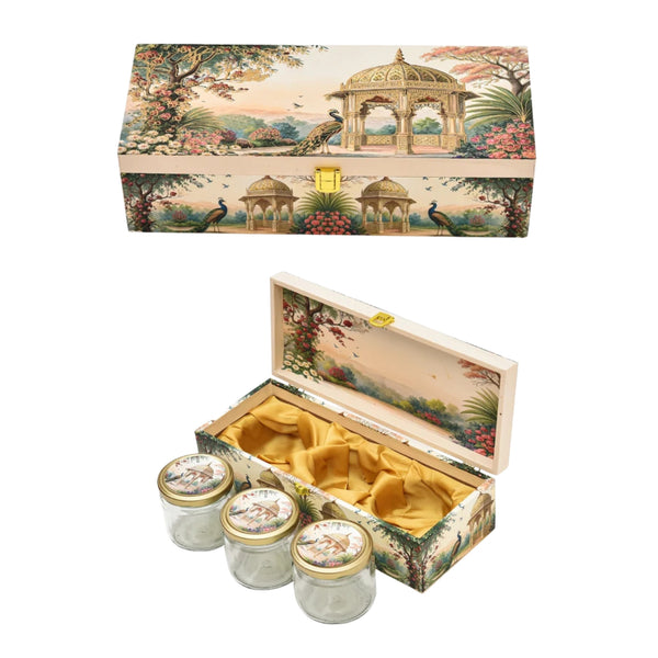 Royal Garden Print Wooden Gift Box with 3 Glass Jars – Premium Dry Fruit Box