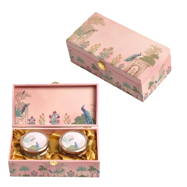 Pink Peacock Wooden Gift Box with 2 Glass Jars – Special Occasion Hamper
