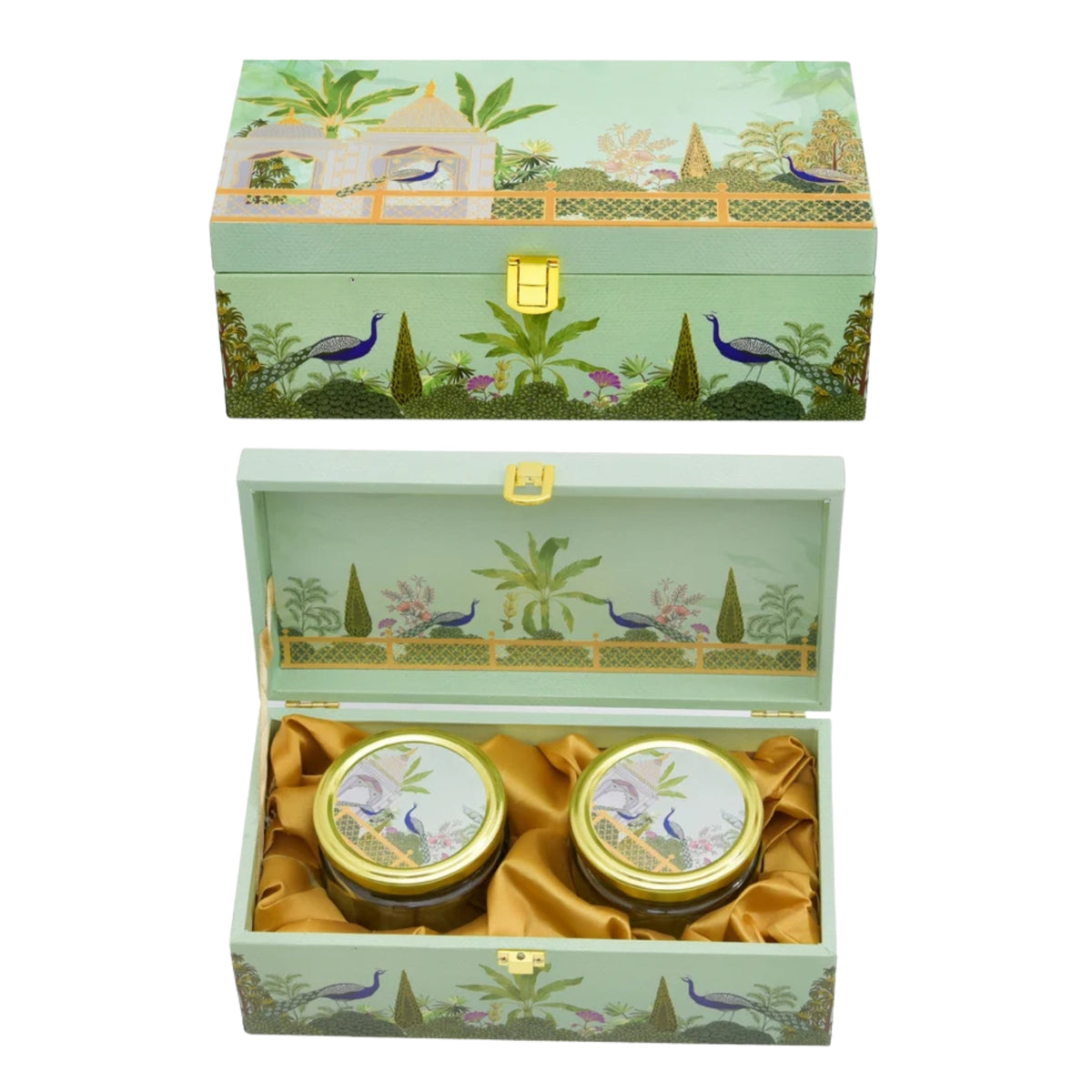 Green Garden Print Wooden Gift Box with 2 Glass Jars – Dry Fruit Box