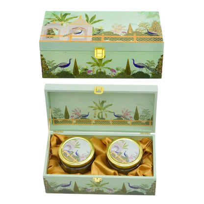 Green Garden Print Wooden Gift Box with 2 Glass Jars – Dry Fruit Box