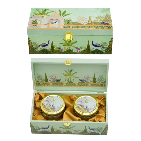 Green Garden Print Wooden Gift Box with 2 Glass Jars – Dry Fruit Box