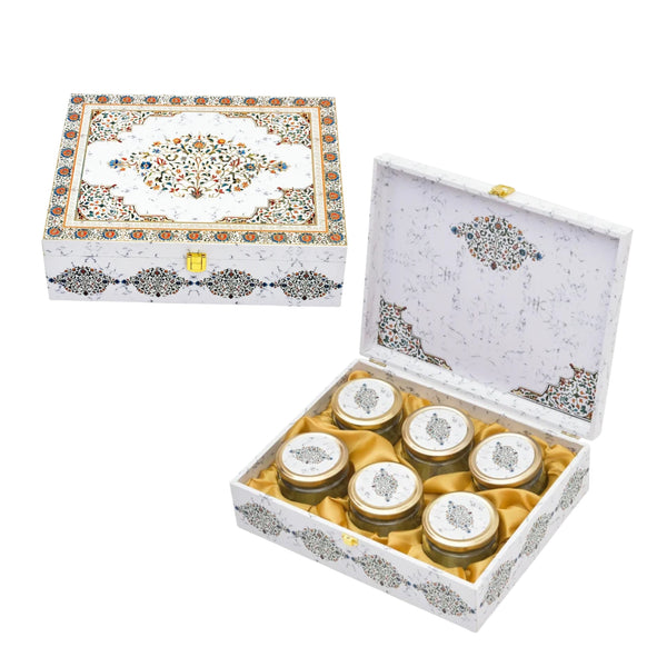 White Marble Print Wooden Dry Fruit Gift Box with 6 Glass Jars