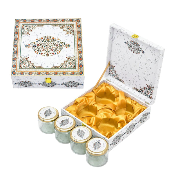 White Marble Print Wooden Gift Box with 4 Glass Jars – Dry Fruit Packaging