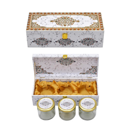 White Marble Wooden Hamper Box with 3 Glass Jars – Corporate Gift Box