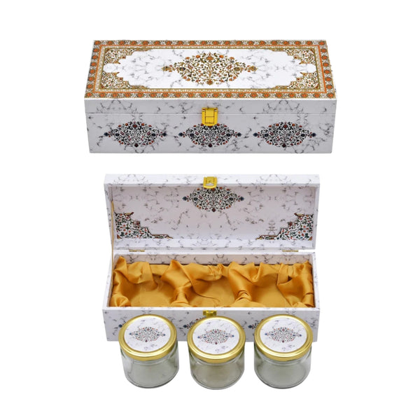White Marble Wooden Hamper Box with 3 Glass Jars – Corporate Gift Box