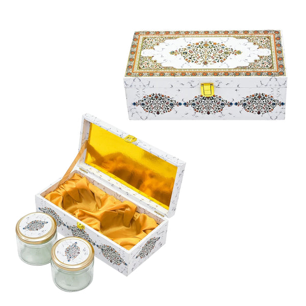 White Marble Print Wooden Gift Box with 2 Glass Jars – Premium Hamper